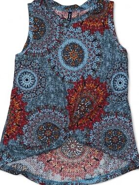 Cato Blue Floral Medallion Tank with Red and Orange Accents